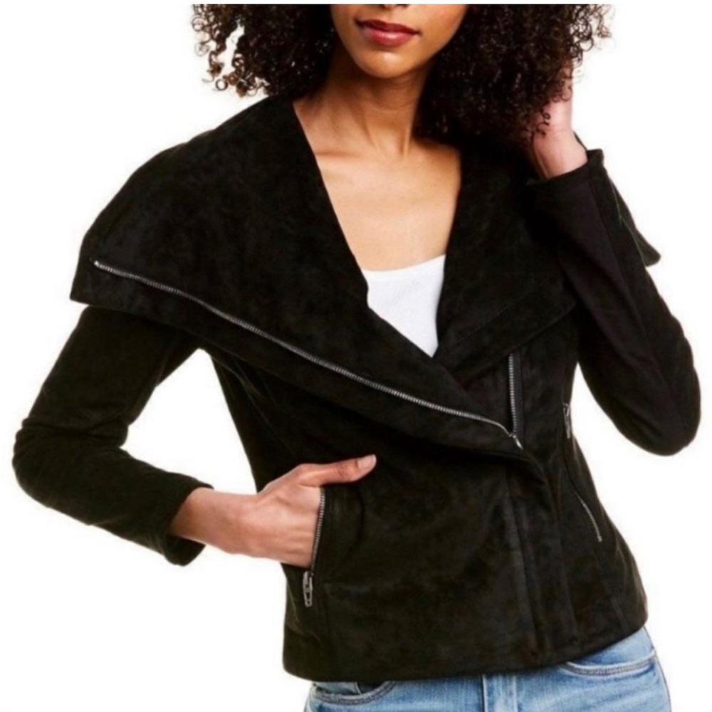 Blank NYC Jacket Black Faux Suede Drape Front Jacket
